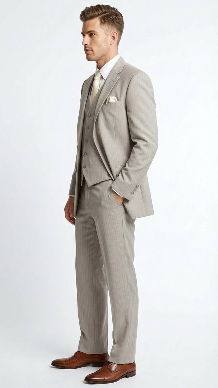 Men’s Light Tan Pinstripe 3 Piece Suit with Jacket, Vest, and Pants - Shadow Stripe Tone Tone Pleated Pants Classic by USA Men's Outlet