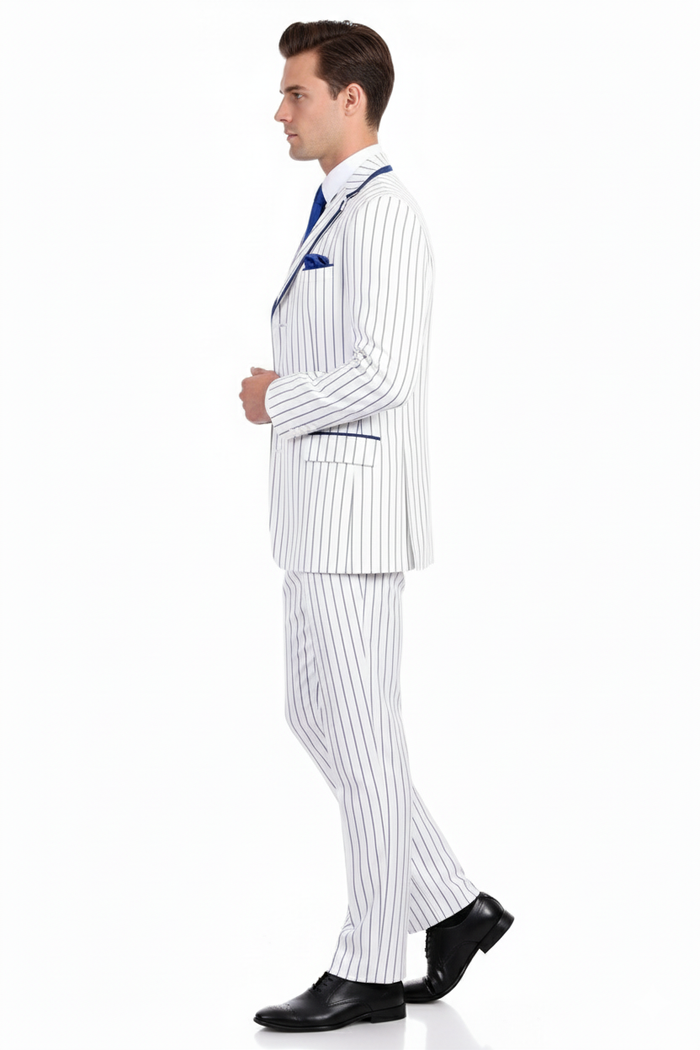Men’s White and Royal Blue Pinstripe 3-Piece Suit - Classic Fit Blazer with Vest, Pants, and Tie by USA Men's Outlet