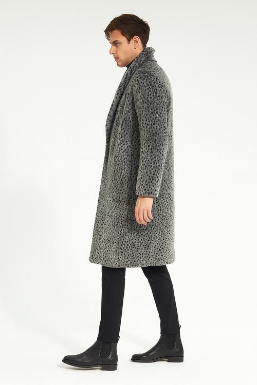 Men’s Luxury Long Grey Faux Fur Coat - Winter Overcoat with Animal Print Design by USA Men's Outlet