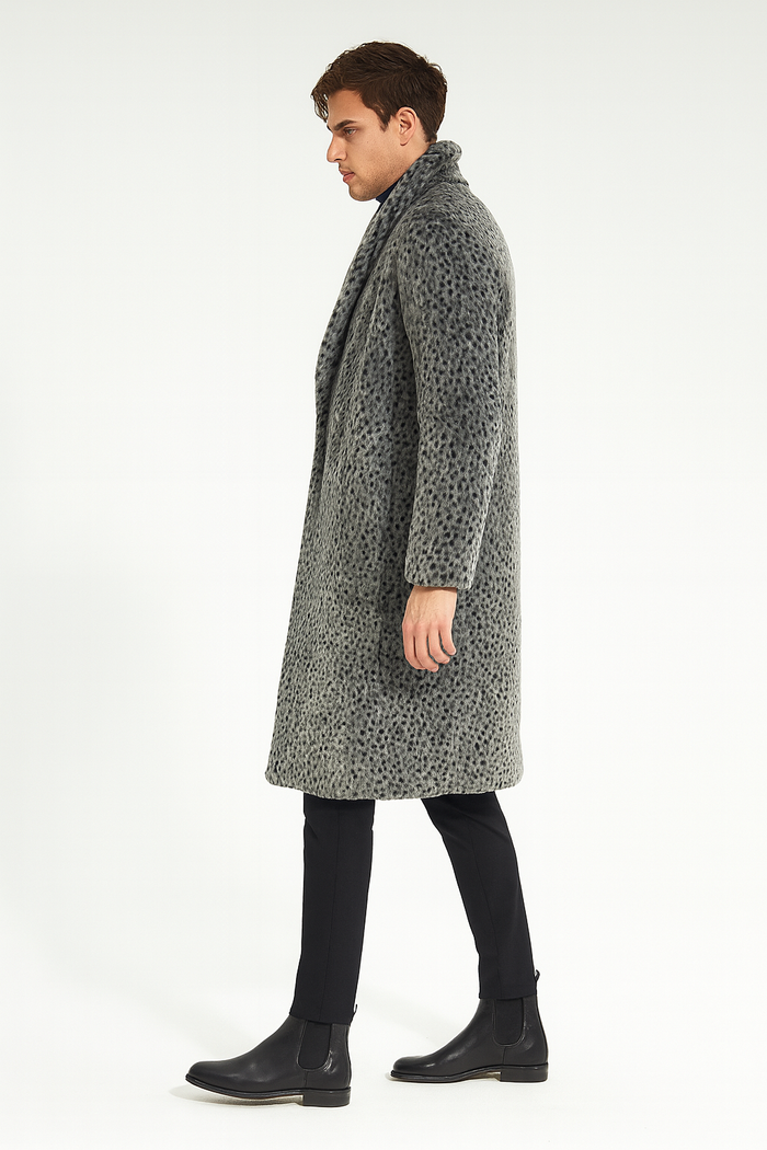 Men’s Luxury Long Grey Faux Fur Coat - Winter Overcoat with Animal Print Design by USA Men's Outlet
