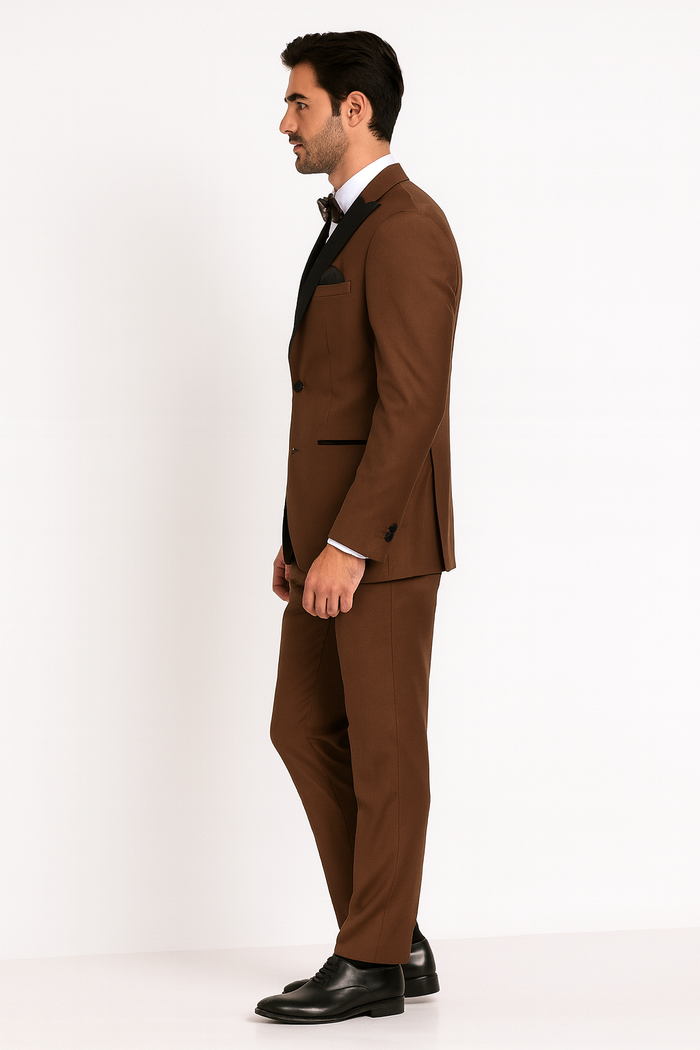 Men’s Light Brown Tuxedo Suit with Black Satin Lapel - 3 Piece Formal Wedding & Prom Outfit - Country Look by USA Men's Outlet