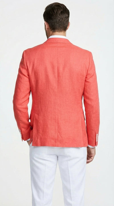 Mens Coral Linen Blazer Sport Coat – Lightweight Summer Linen Jacket for Wedding, Beach Events, Business Casual in Salmon Color