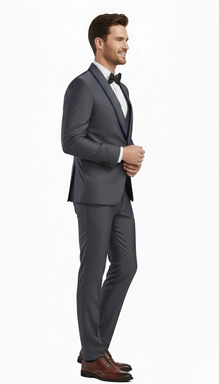 Men’s Charcoal Gray with blue Trim Slim Fit 3-Piece Suit - Modern Wedding and Business Formal Tuxedo Set by USA Men's Outlet