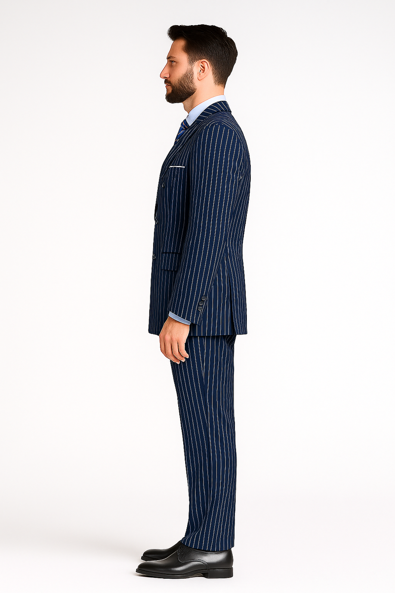 Men’s Royal Blue Pinstripe Double-Breasted Suit – 6-Button Classic Vintage Gangster Style in Indigo Cobalt Blue Pinstripe Color
