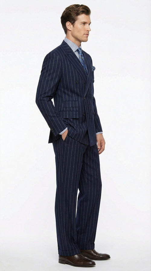 Men's Navy Blue Double Breasted Pinstripe Suit – Modern Fit By rossiman