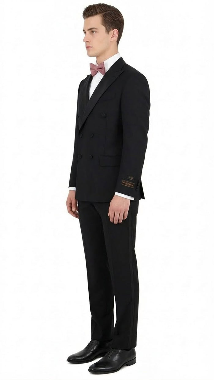 Tiglio Brand 100% Wool Super 150s Italian fabric Men’s Classic Black Double-Breasted Tuxedo with Satin Peak Lapel - Formal Wedding & Gala Suit Set USA Men's Outlet