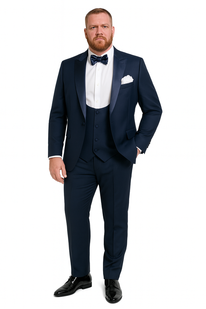 Men’s Navy Blue Tuxedo with Satin Peak Lapel with navy sateen - 3 Piece Formal Suit with Vest and Bow Tie by USA Men's Outlet