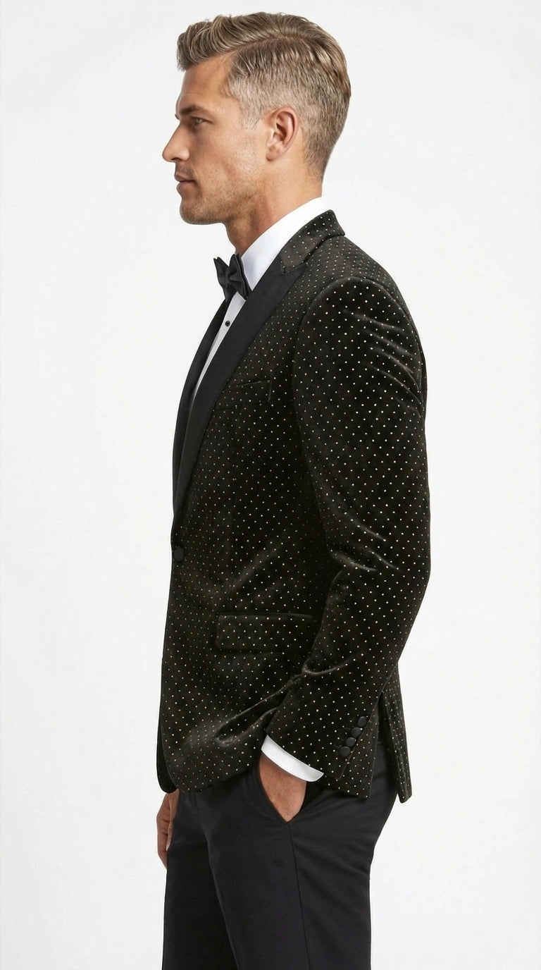 Men’s Black Velvet Dinner Jacket Blazer with Satin Lapel – Formal Evening Tuxedo Style Jacket Polk Dots Pattern + Free bowtie