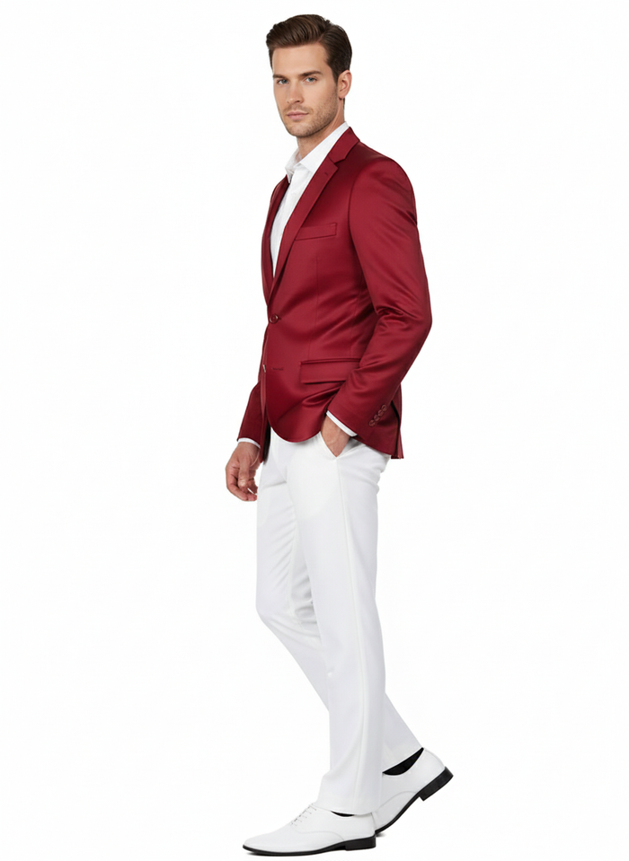 Premium Men's Burgundy Satin Slim Fit Blazer - Elegant Party & Wedding Suit Jacket in Maroon Wine Color by USA Men's Outlet