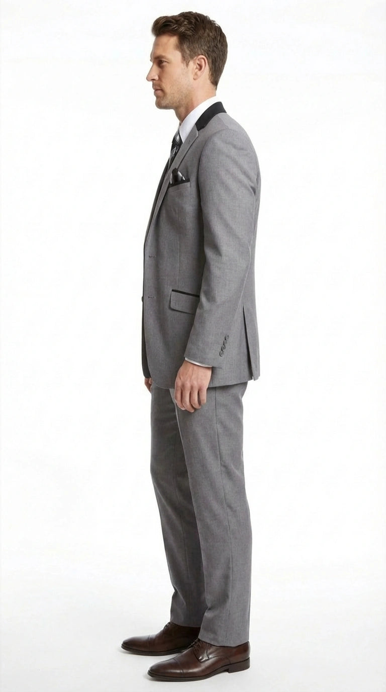 Men’s Light Gray Three Piece Suit with Black Chesterfield Collar  – Classic Formal Wedding and Business Suit Set 1920s Vintage