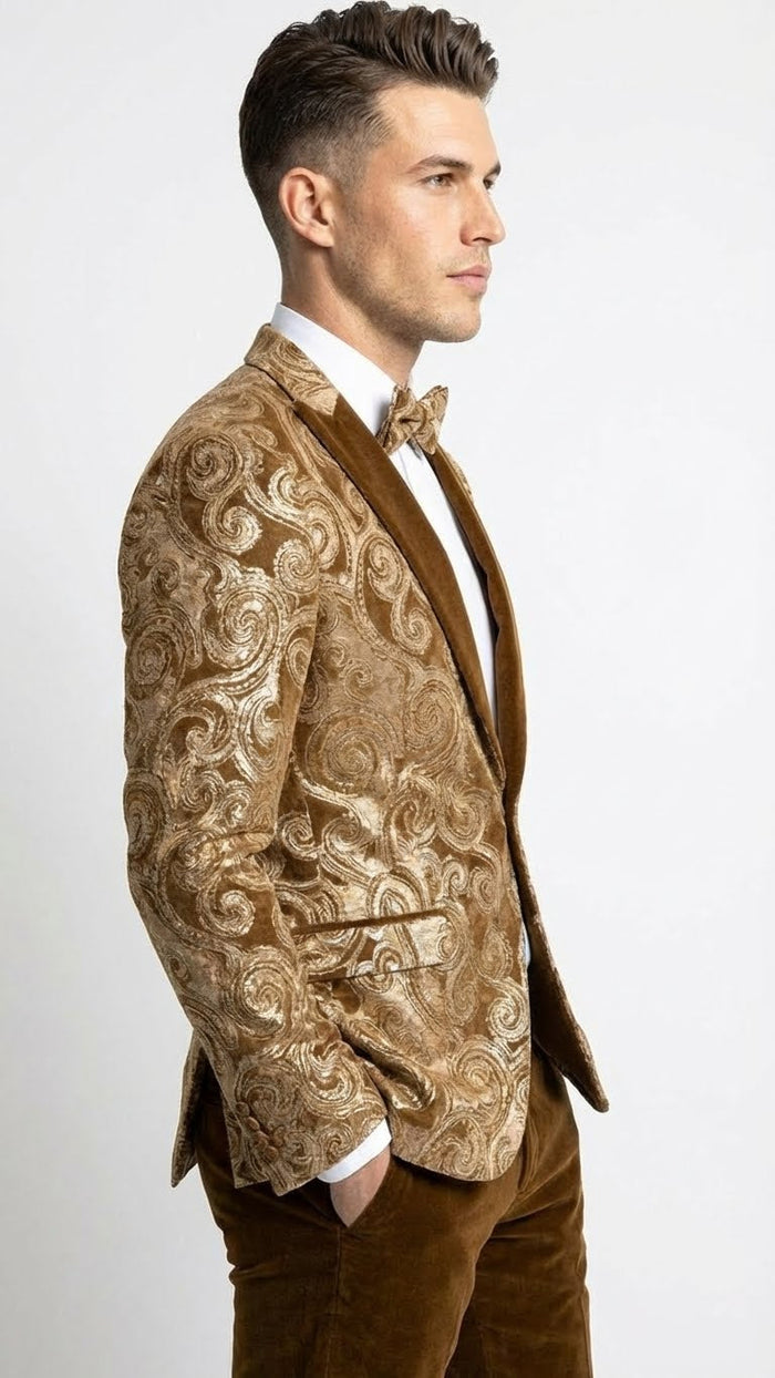 Men’s Goldish Light brown Tuxedo dinner Jacket Embroidered Blazer - Velvet Jacket for Formal Paisley Pattern Coffee Mocca Color by USA Men's Outlet