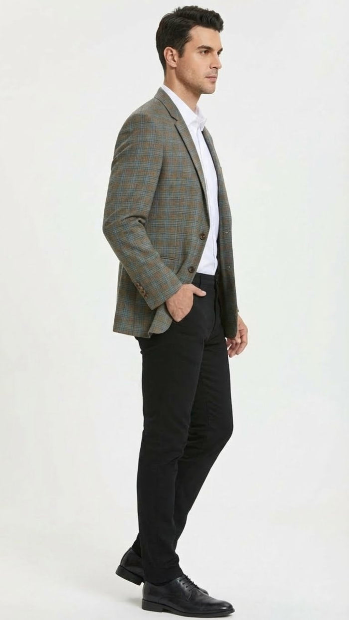 Men’s Green Brown and Teal Plaid Sport Coat - Tailored Fit Check Blazer Jacket - Tartan Sportcoat by USA Men's Outlet