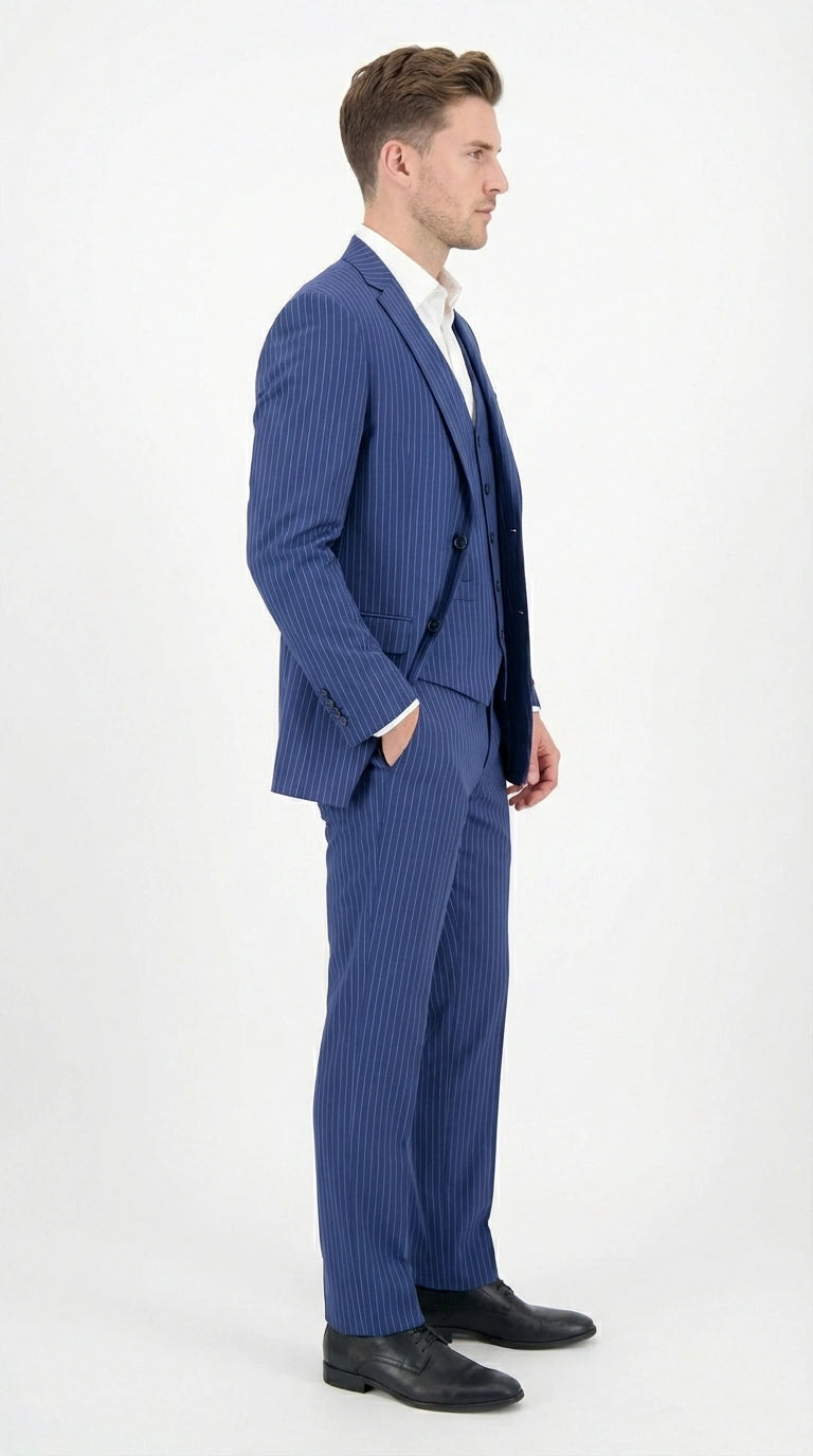 Men’s Royal Blue Pinstripe Three Piece Suit – Classic Formal 3PC Business and Wedding Suit Indigo Teal Saphire Pinstripe