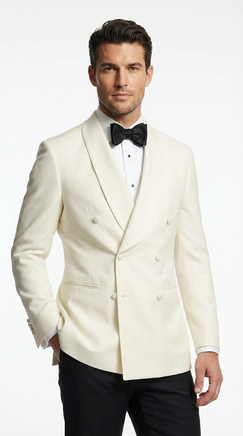 Men’s Ivory Wool Dinner Jacket – Classic Double Breasted Formal Tuxedo Jacket for Wedding and Black Tie Events