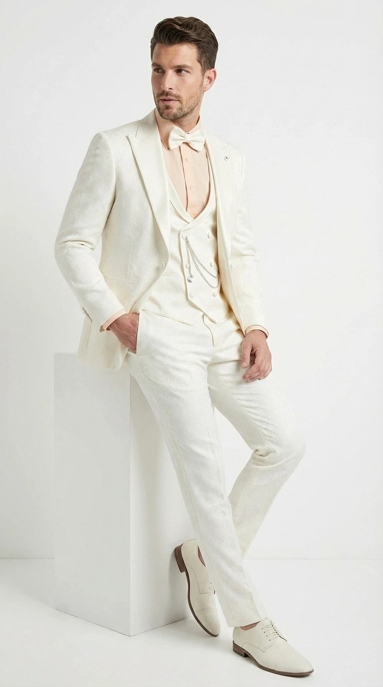 Vinci Men’s Ivory Three Piece Suit – Ivory 3PC Formal Wedding Suit for Groom, Prom and Black Tie Events
