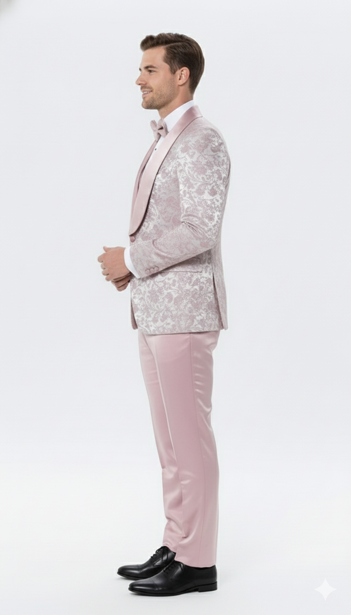 Men’s Light Pink Dusty Rose - Floral Tuxedo Suit - Luxury Satin Shawl Lapel 3-Piece Formal Wedding and Prom Suit in Blush Mauve color USA Men's Outlet
