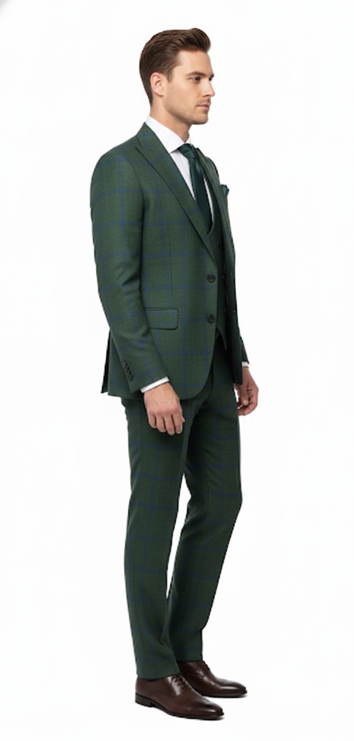 Men’s Green Plaid 3-Piece Suit - Classic Check Slim Fit Suit for Weddings, Church, and Formal By Rossiman USA Men's Outlet