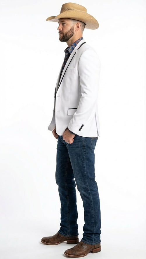 Men’s White Western Blazer with Black Trim – Classic Cowboy Style