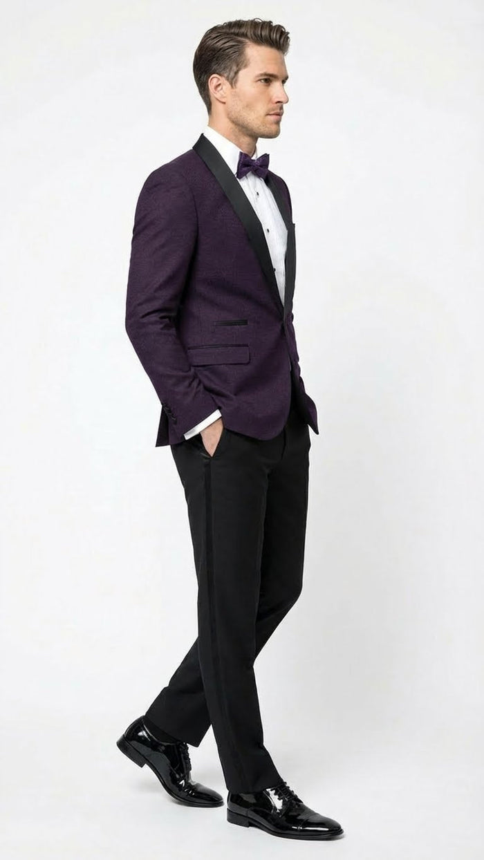 Men’s Eggplant Plum Purple Tuxedo Blazer with Satin Lapel, White Tuxedo Shirt and Matching Purple Bow Tie - Slim Fitted - Prom wedding Suit With Pants USA Men's Outlet