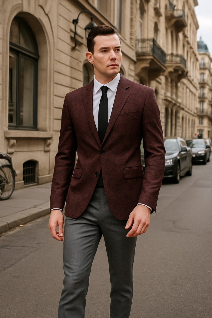 Mens Burgundy and Black Paisley Tuxedo Blazer - Slim Fit Formal Dinner Jacket by USA Men's Outlet