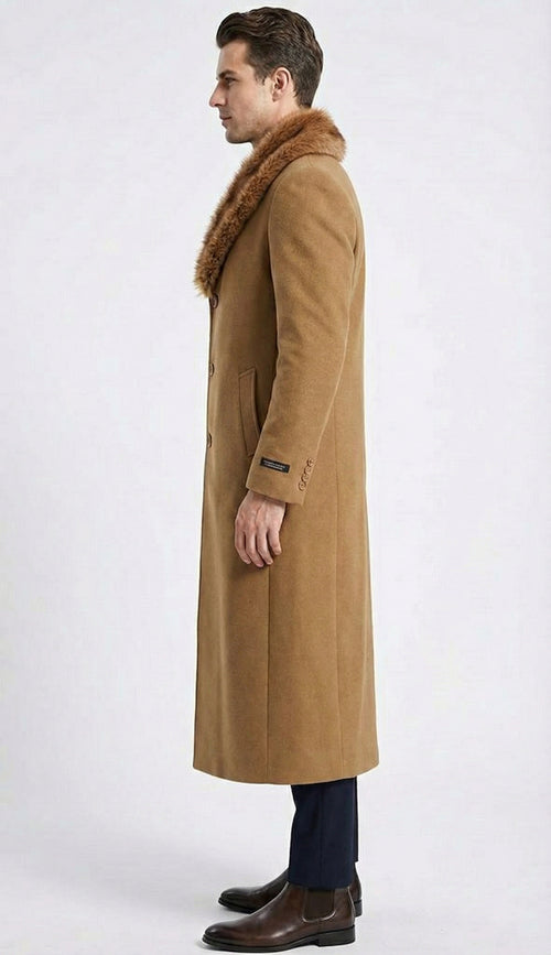 Men's Camel Brown Long Overcoat with Faux Fur Collar, Classic Winter Topcoat for Formal and Business Wear