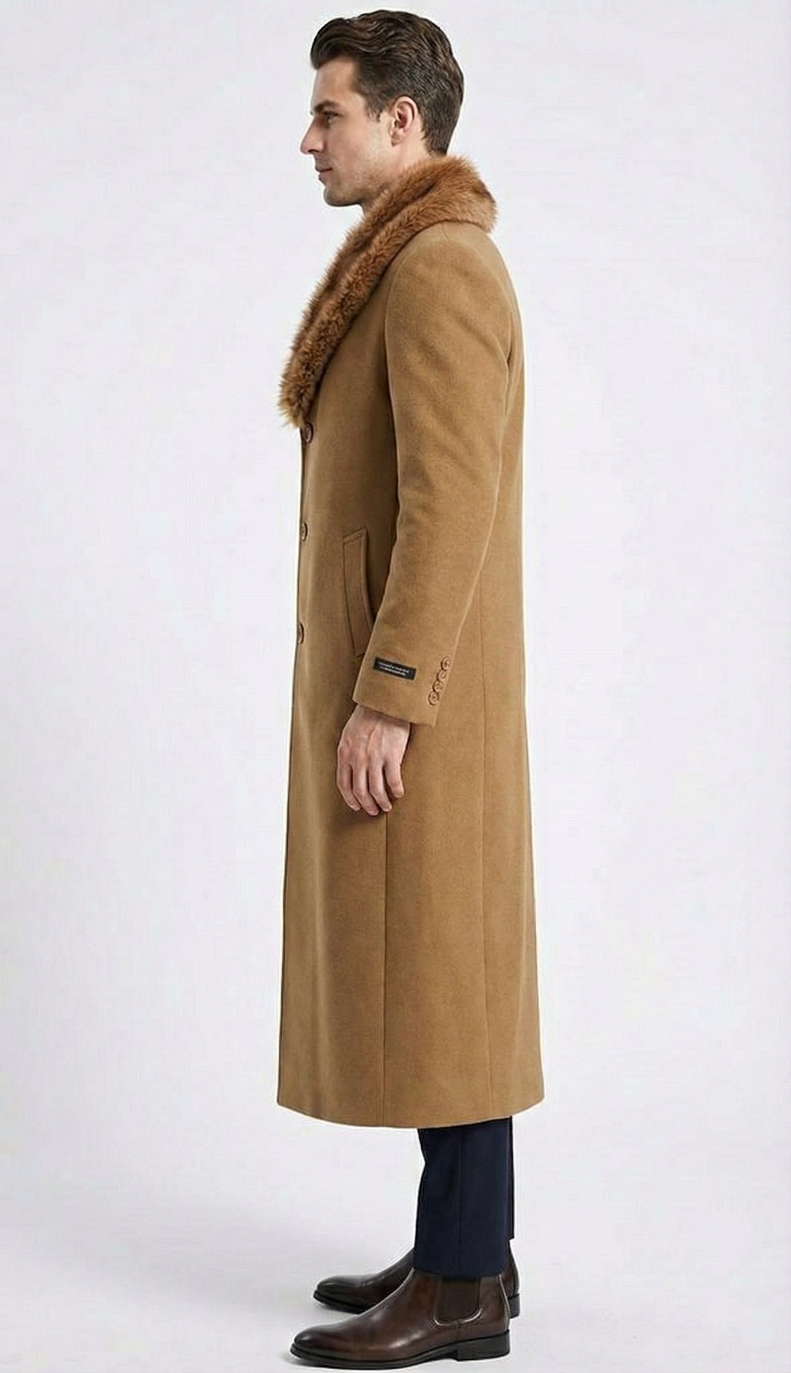 Men's Camel Brown Long Overcoat with Faux Fur Collar, Classic Winter Topcoat for Formal and Business Wear