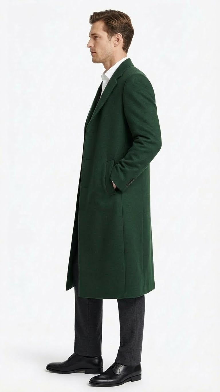 Men’s Hunter Green Full-Length Wool Overcoat – Classic Winter Dress Coat for Formal and Casual Wear Topcoat Mens Wintercoat