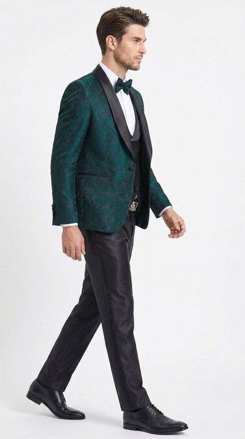 Tazzio Men’s Hunter Green & Black Paisley Tuxedo – Skinny Fit Shawl Collar 3-Piece Prom and Wedding Suit