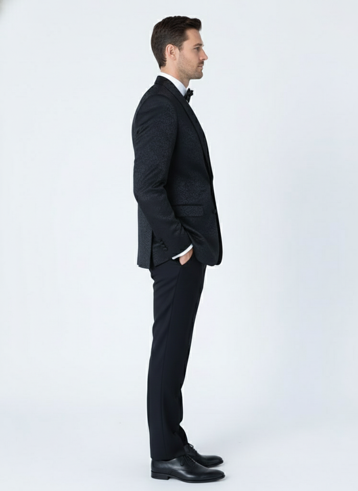 Men’s Black Textured Paisley floral Tuxedo Suit - Premium Slim Fit Formal Wedding, Prom, with Bowtie by USA Men's Outlet