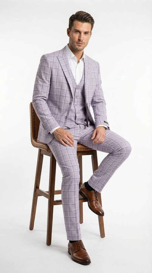 Men’s Lilac Lavender Windowpane Check 3 Piece Suit – Lilac Plaid Formal Suit with Vest for Wedding, Prom and Business Events