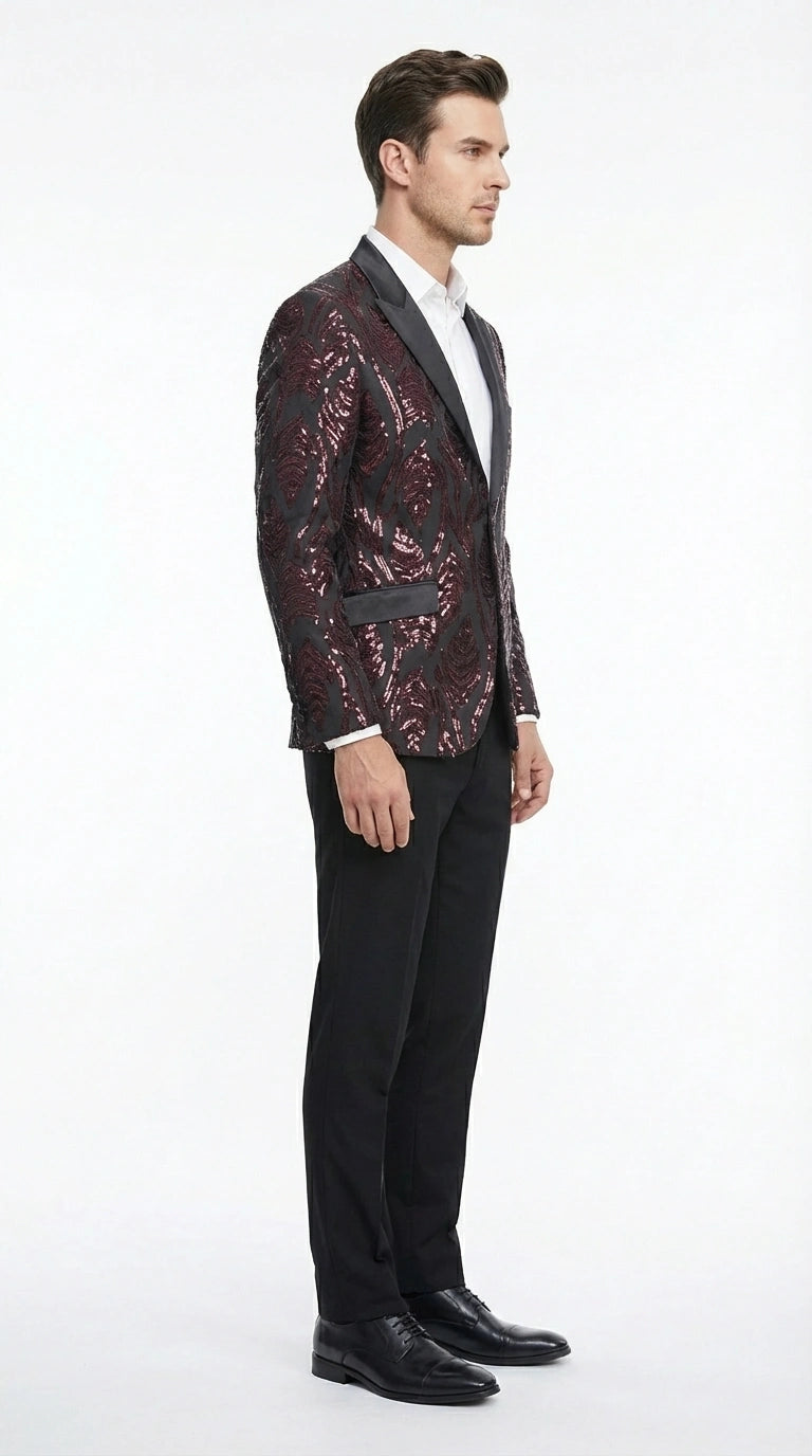 Men’s Black and Burgundy Sequin Blazer – Black Sparkle Sequin Party Blazer with Burgundy Pattern for Prom, Wedding Slim Fitted