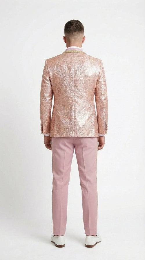 Men’s Rose Gold Pink Prom Tuxedo Suit – Slim Fit Paisley Pattern Formal Tuxedo Suit for Prom, Wedding and Special Events
