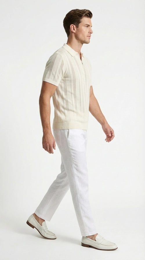 Mens Cream Ivory Off White Knit Walking Suit Set – Lightweight Short Sleeve Shirt and Pants Outfit for Summer, Vacation and Casual Wear