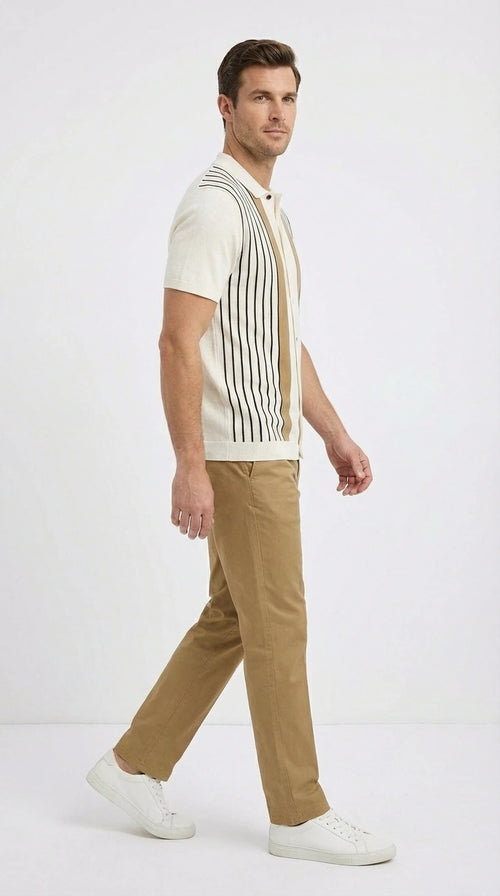 Mens Cream and Tan Striped Walking Suit Set – Casual Summer Short Sleeve Shirt and Pants Outfit for Vacation, Travel and Everyday Wear