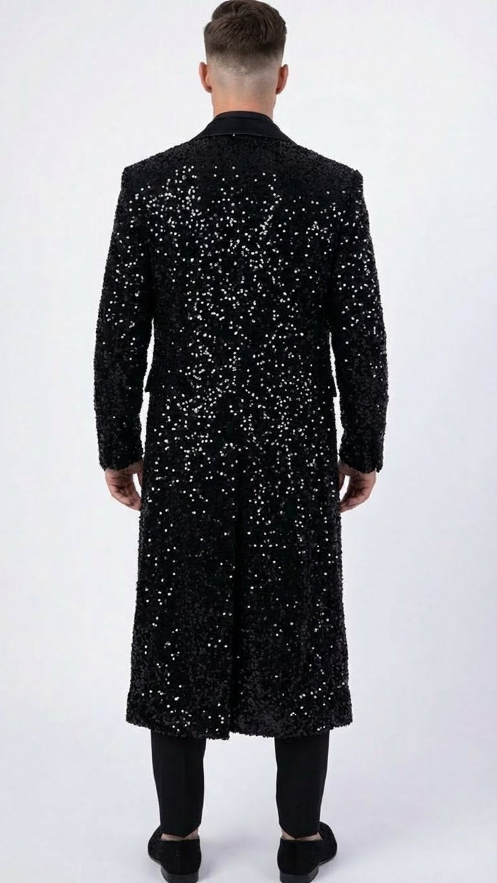 Men’s Black Sequin Long Coat with Satin Shawl Lapel - Luxury Statement Evening Overcoat USA Men's Outlet