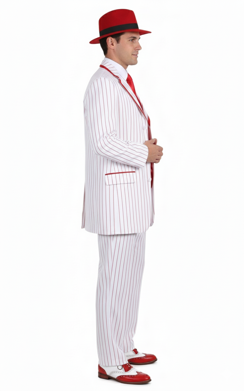 Men’s 1920s White and Red Pinstripe Zoot Suit with Fedora Hat and Wingtip Shoes – Vintage Gangster 3-Piece New Year Holiday Christmas Suit