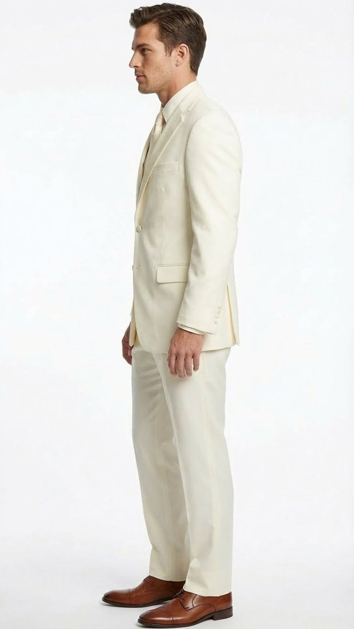 Men’s Ivory Tuxedo Suit with Satin Notch Lapel - Formal Wedding and Evening Wear Suit in Cream Off White Color by USA Men's Outlet