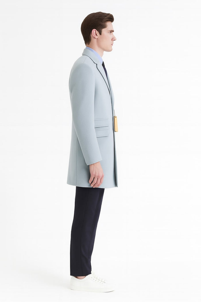 Mens Light Blue Wool Overcoat - Modern Long Coat with Classic Tailored Fit in Sky Blue by USA Men's Outlet