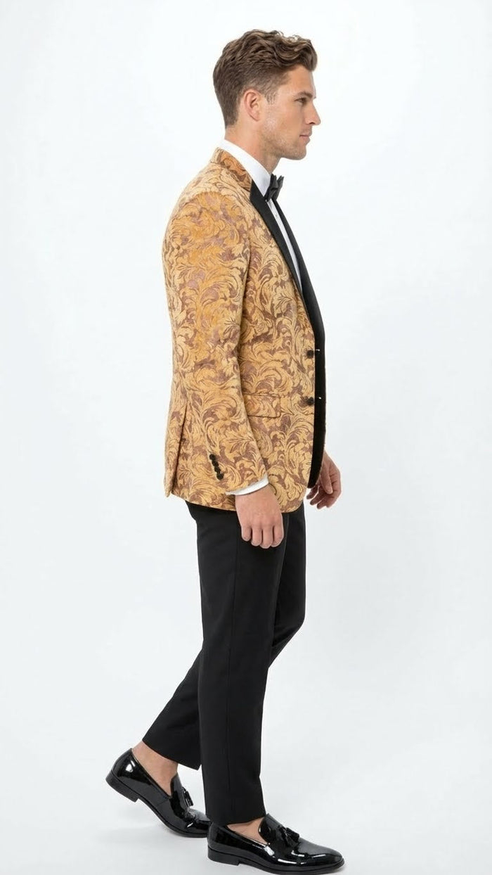 Men’s Yellow Gold Baroque Pattern Tuxedo Blazer Suit - Party and Wedding Jacket Prom Paisley Black Pants USA Men's Outlet