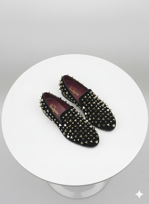 Men’s Studded Velvet Loafers - Designer Party and Prom Dress Shoes with Gold and Silver Spikes by USA Men's Outlet