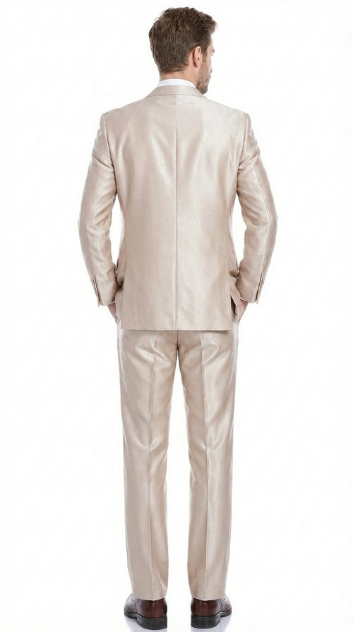 Men’s Champagne Tan Sharkskin 2 Button Suit – Shiny Formal Suit with Optional Vest for Wedding, Prom, Business Beige Color