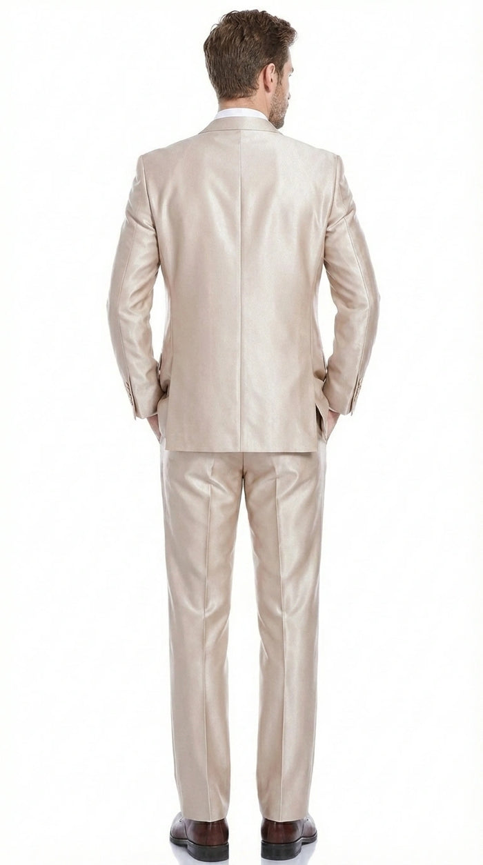 Men’s Champagne Tan Sharkskin 2 Button Suit – Shiny Formal Suit with Optional Vest for Wedding, Prom, Business Beige Color