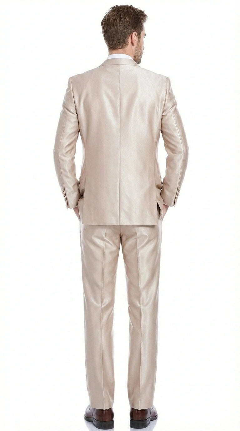Men’s Champagne Tan Sharkskin 2 Button Suit – Shiny Formal Suit with Optional Vest for Wedding, Prom, Business Beige Color