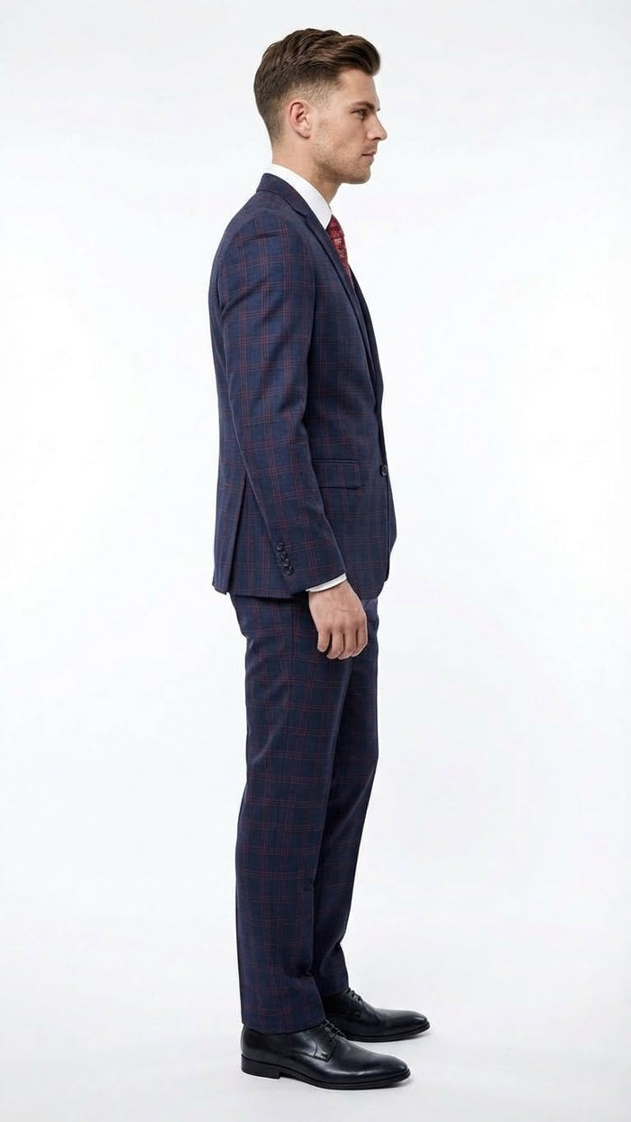 Men’s Navy Blue and Burgundy Checkered Two-Piece Suit Plaid Windowpane - Flat Front Pants or Pleated Wide Leg Pants - 100% Wool USA Men's Outlet