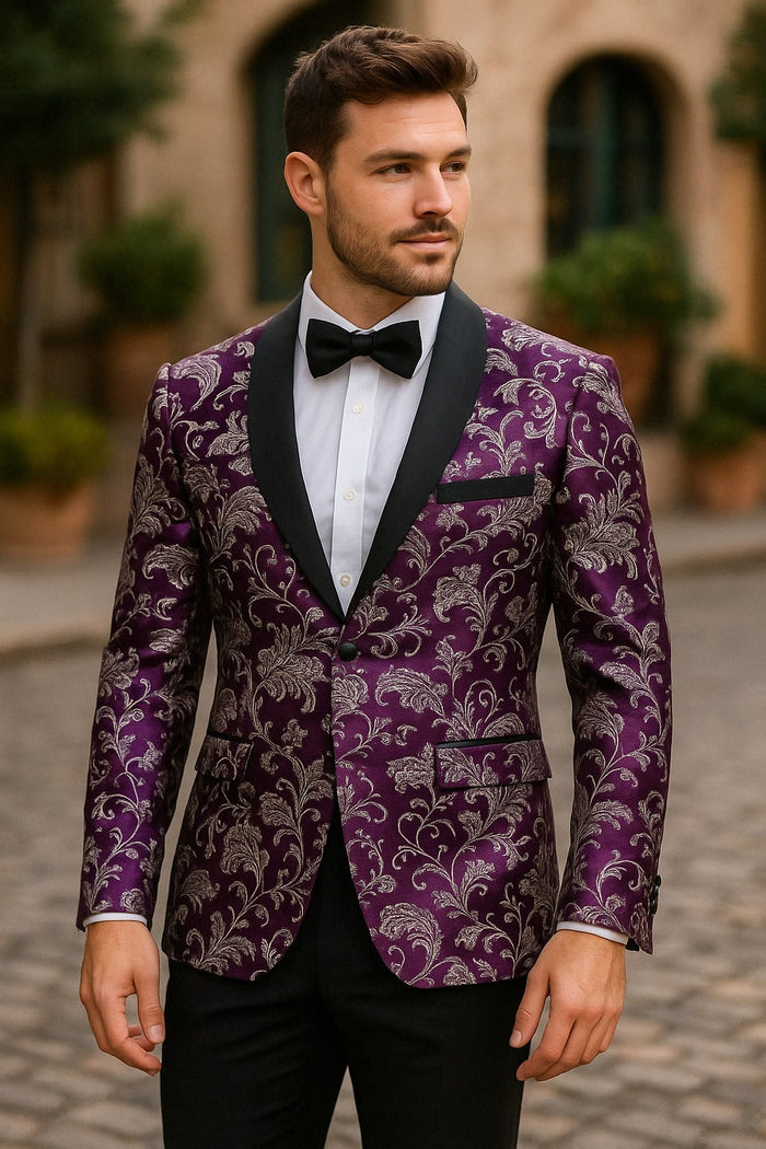Mens Purple and White Paisley Floral Brocade Tuxedo Jacket - Suit with Satin Lapel Wtih Black Pants by USA Men's Outlet