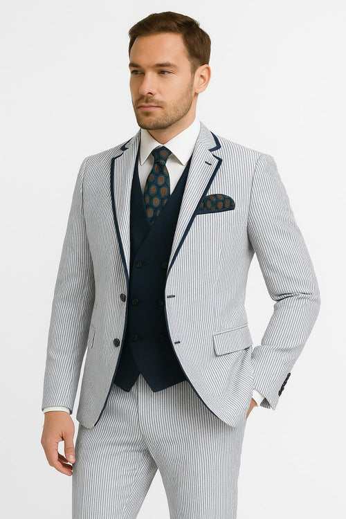 Men's White and Navy Pinstripe Suit with Contrast Trim – 3-Piece Seersucker Style Set for Weddings and Summer Events