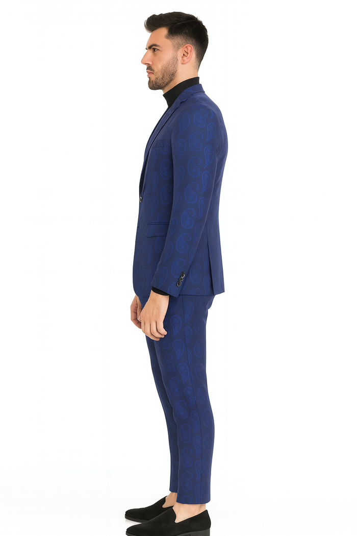 Men’s Sapphire Blue Paisley 3-Piece Suit - Slim Fit Designer Tuxedo Set for Weddings and Formal Events in Cobalt Blue Color by USA Men's Outlet