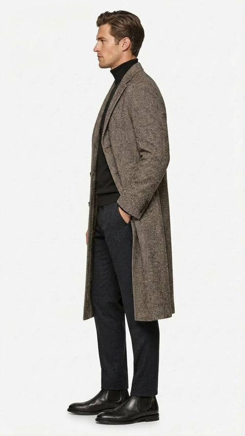 Men’s Black & Grey Herringbone Tweed Wool Blend Overcoat - Classic Single-Breasted Winter Blazer Carcoat by USA Men's Outlet