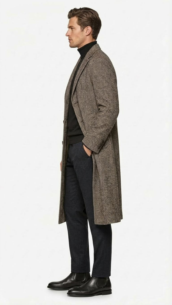 Men’s Black & Grey Herringbone Tweed Wool Blend Overcoat - Classic Single-Breasted Winter Blazer Carcoat by USA Men's Outlet