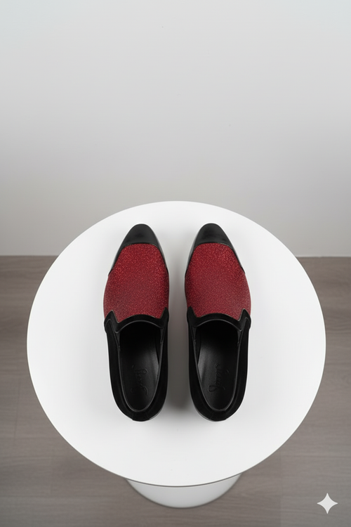 Men’s Red Glitter Tuxedo Loafers - Shiny Slip-On Dress Shoes with Black Patent Toe for Parties and Formal Events - USA Men's Outlet